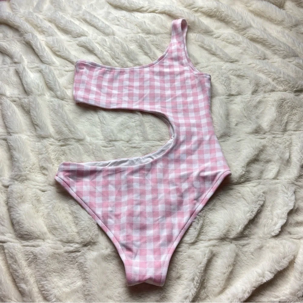NWOT Frankie’s bikinis cash cutout one piece swimsuit gingham pink 12869